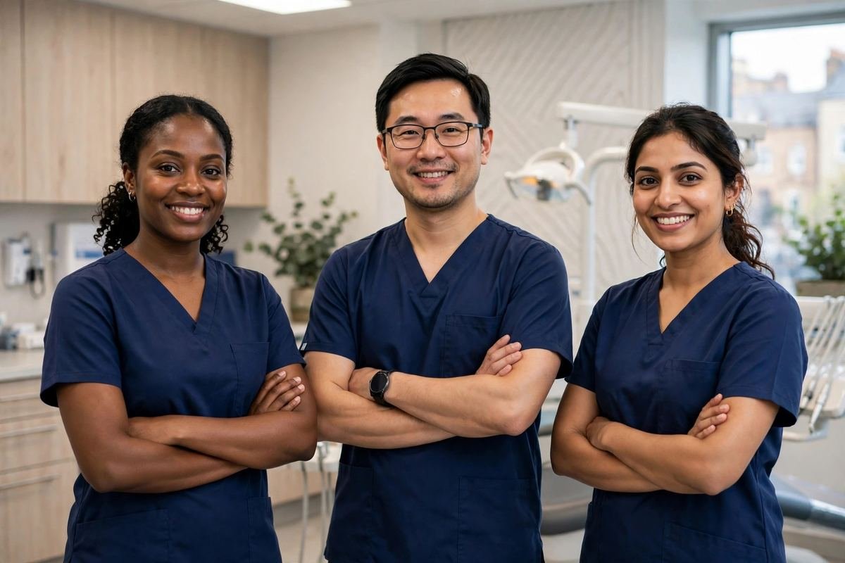 Smiling dental team in navy scrubs